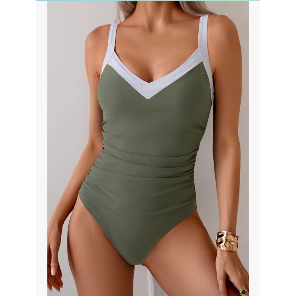 Eagerbuy Ruched One Piece Swimsuit Criss Cross Back V Neck Bathing‎ Suit Olive